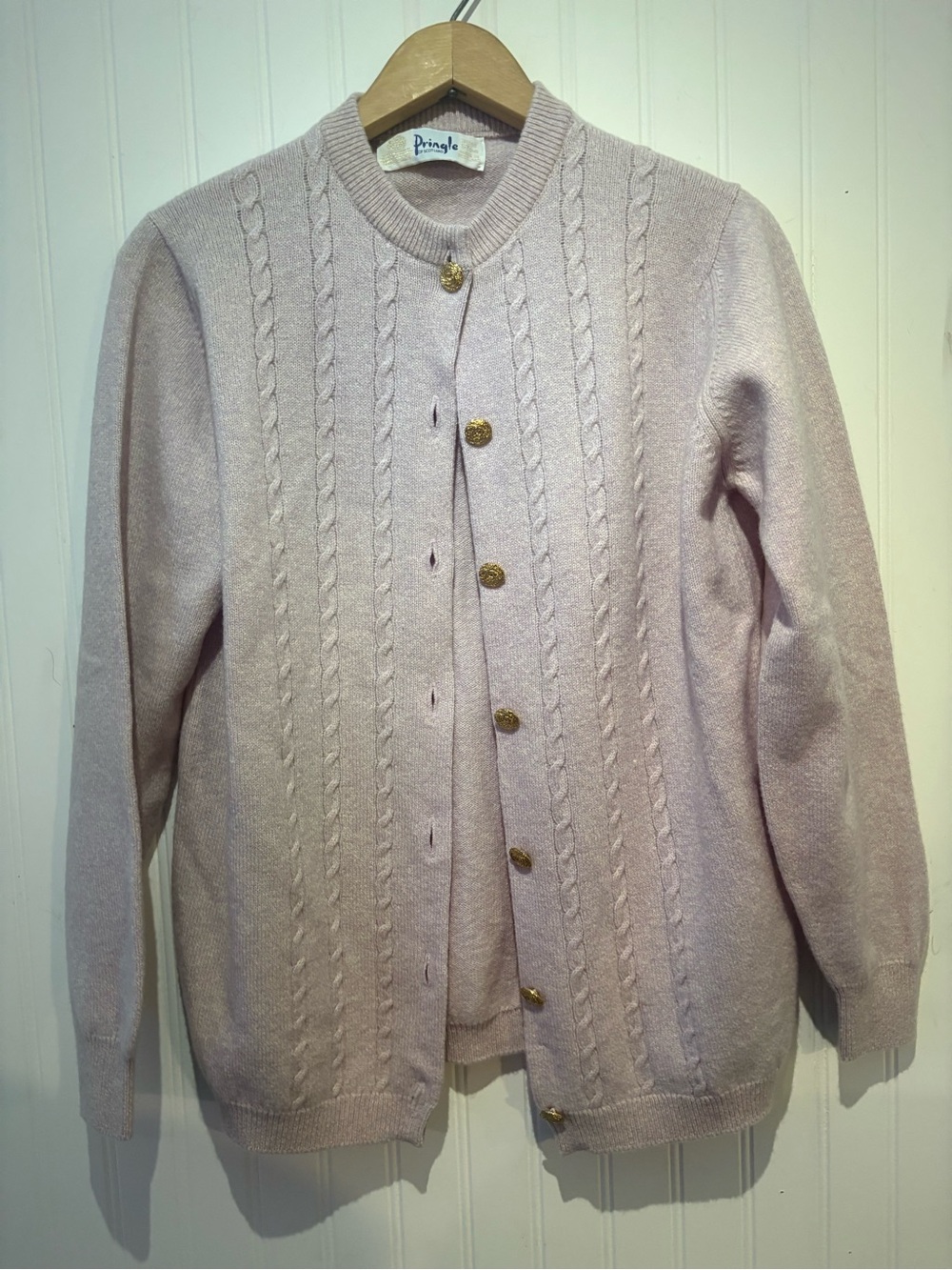 Pringle of Scotland pale lilac Cable Knit Cardigan Vintage lambswool Med